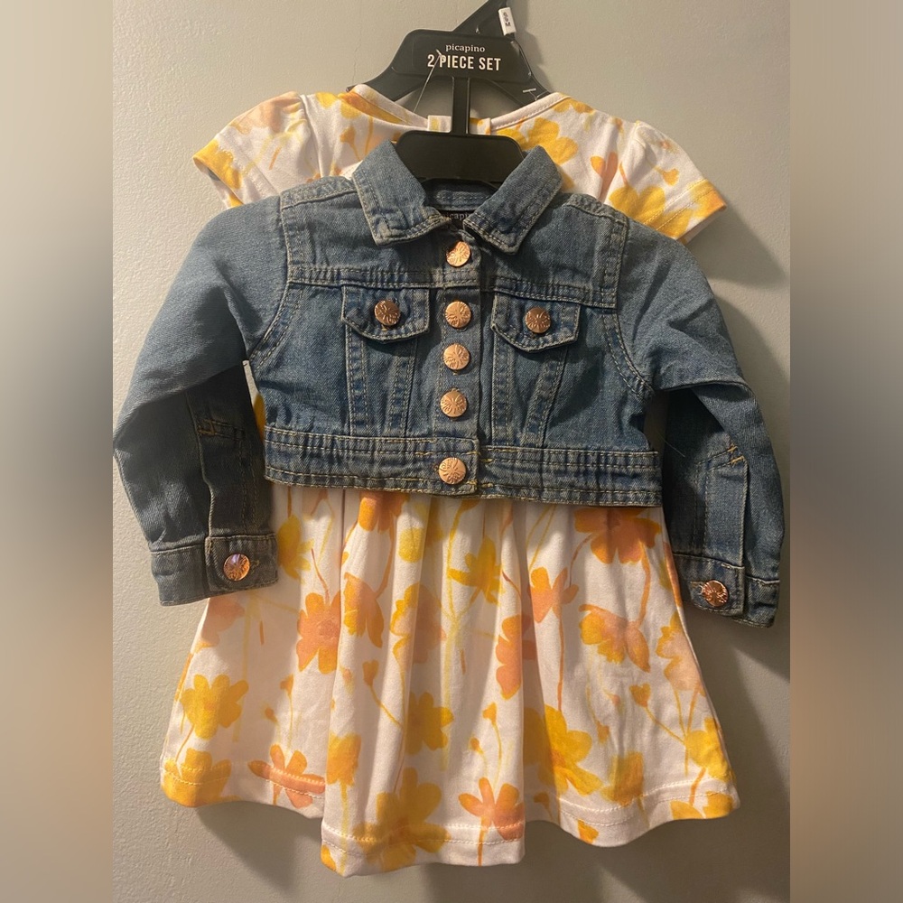 Baby Girls Orange Floral Print Picapino Dress w/ Jean Jacket & Matching Headband